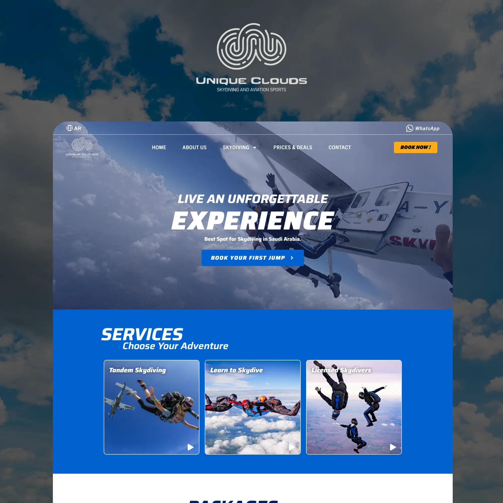 Unique Clouds skydiving and aviation sports website designed by Quibyx